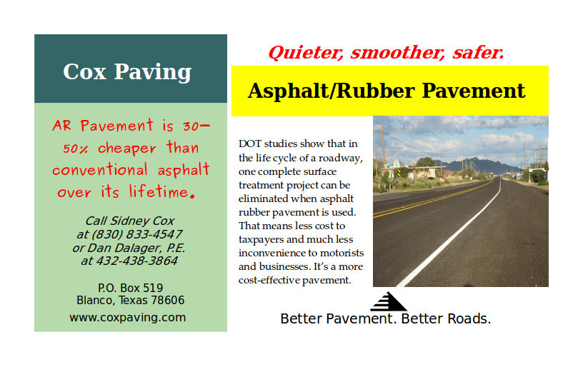 Cox Paving advertisement for asphalt/rubber pavement.